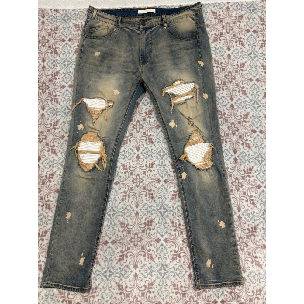 KDNK Mens Distressed Ripped Biker Jeans Size 38 Blue Paint Splatter Streetwear